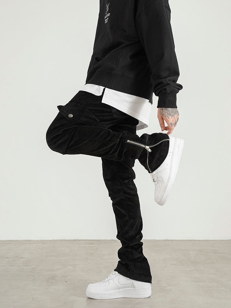 High Street Retro Distressed Corduroy Zipper Slim Cargo Pants