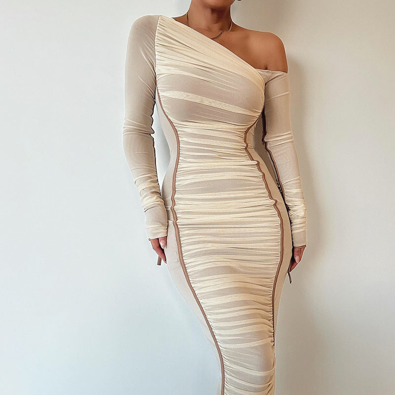 Summer Women's Diagonal Collar Long Sleeve High Waist Mesh Dress