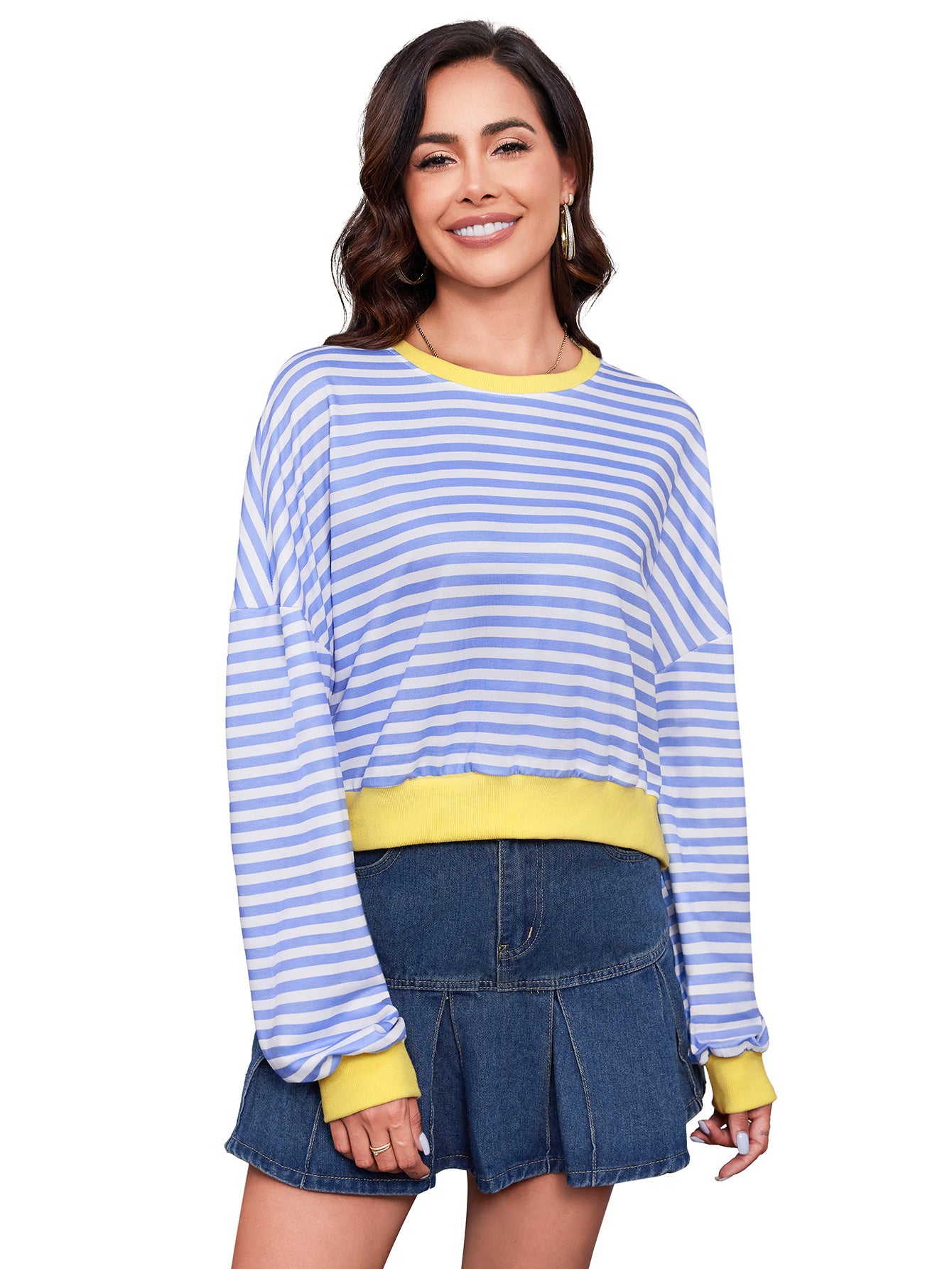 Women's Long Sleeved Striped Round Neck Sweater Top
