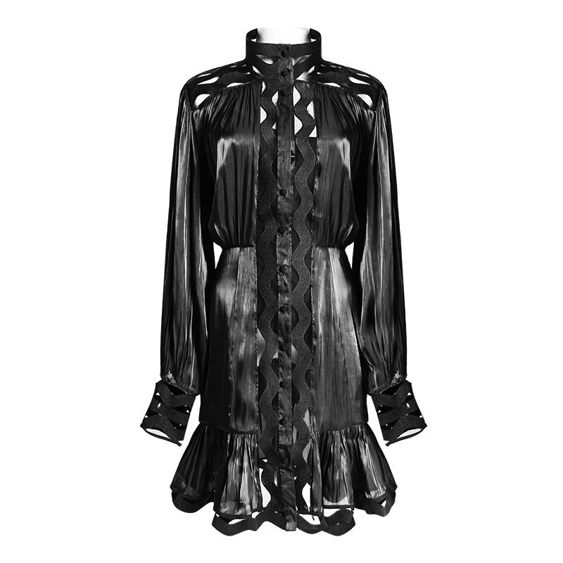 Korean version of the temperament solid color hollow wavy striped stand collar long-sleeved shirt fishtail dress