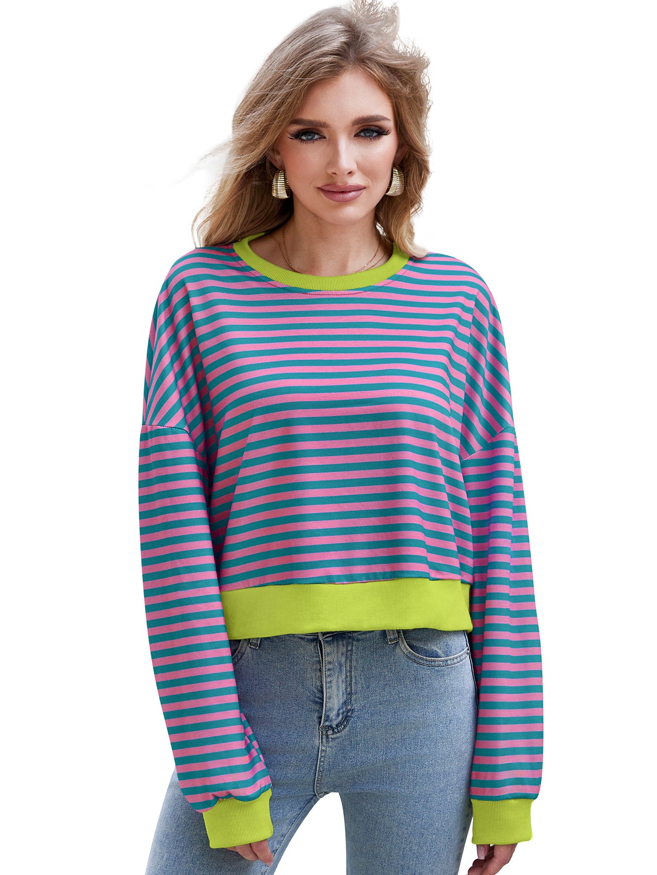 Women's Long Sleeved Striped Round Neck Sweater Top
