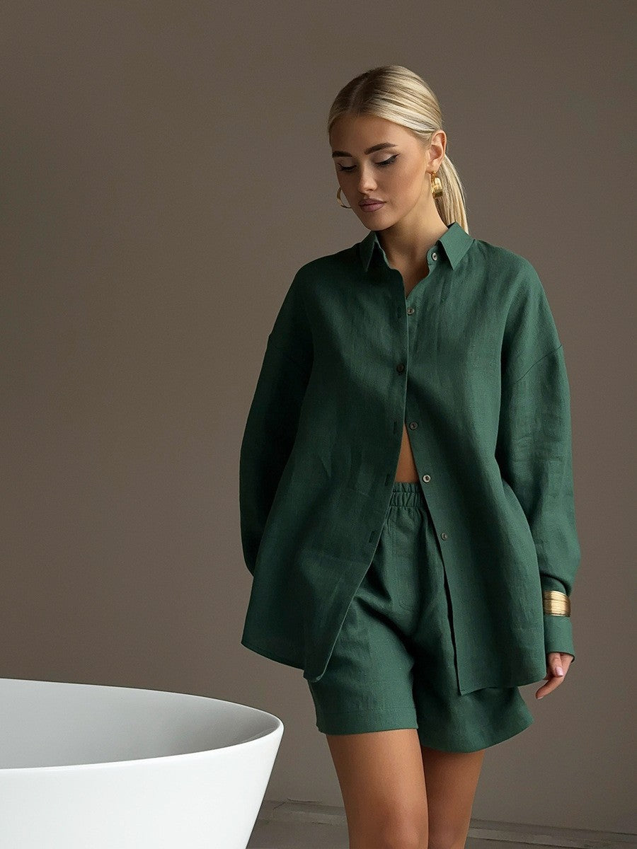 Long Sleeve Cardigan Shorts Suit Simple