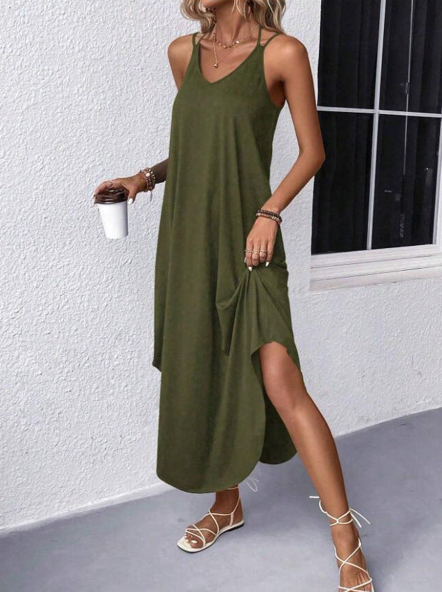 Summer Solid Color And V-neck Sling Backless Dress