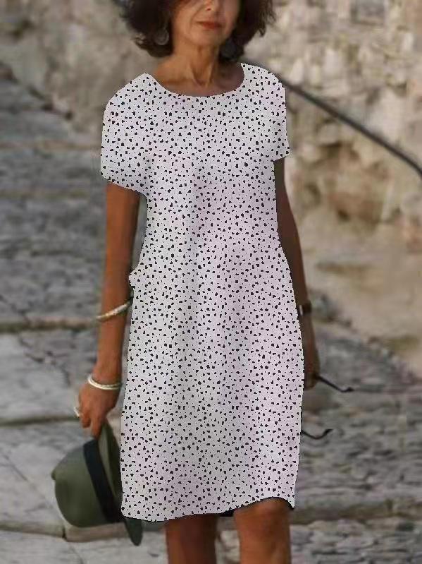 Printed Short Sleeve Round Neck Pullover Midi Dress
