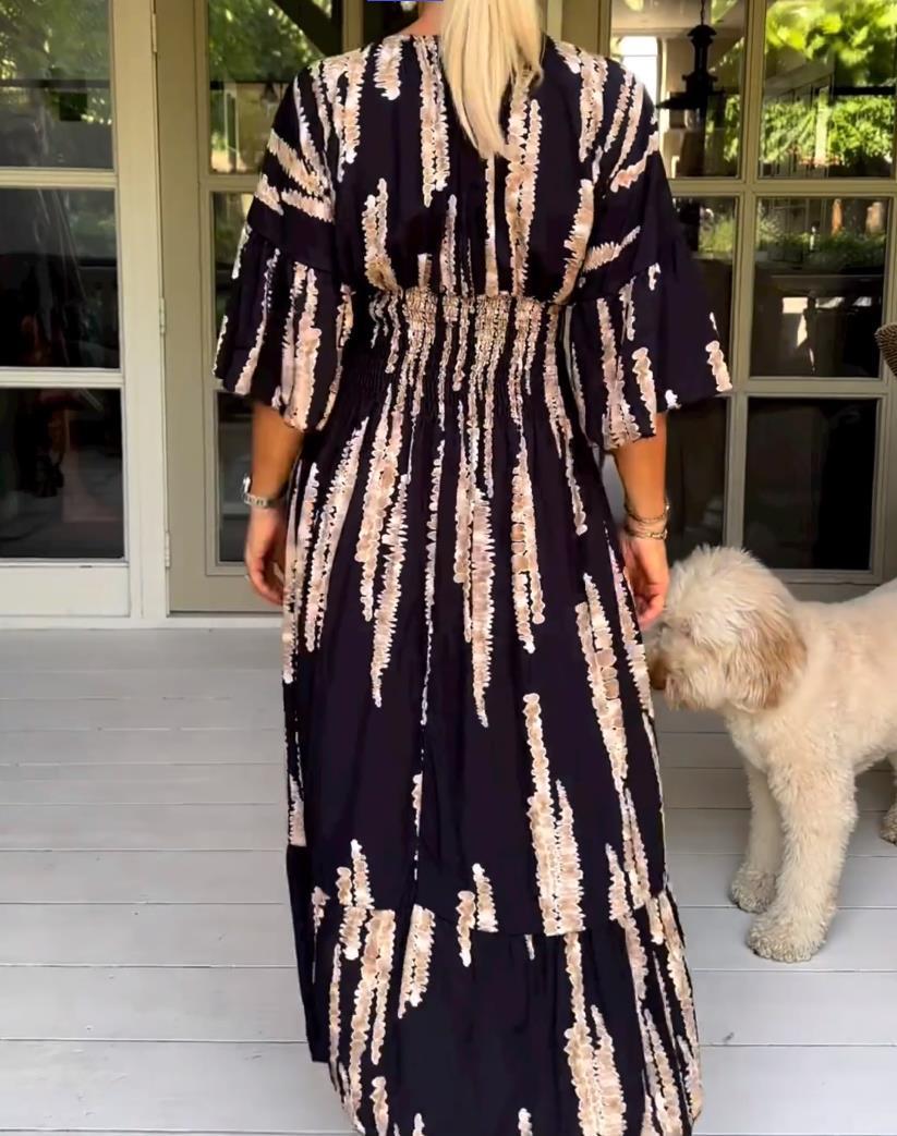 Fashion Flared Sleeves V-neck Printed Dress