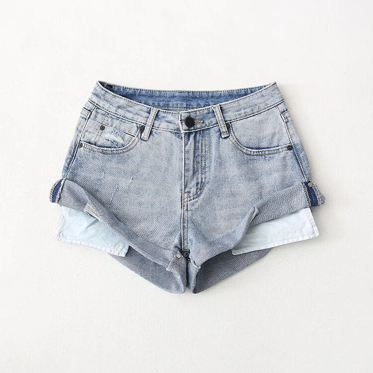 Flanging Low Waist One Button Casual Denim Shorts