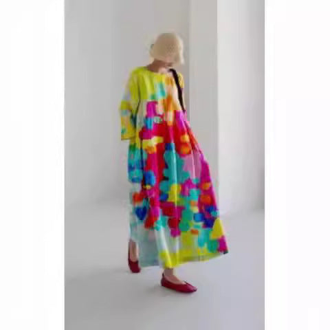 Summer European And American Women's Loose Round Neck Fashion Advanced Long Sleeve 3D Printing Dress