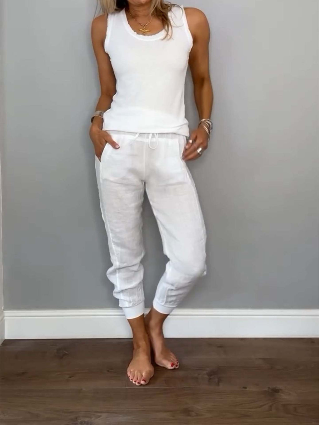 Cotton Linen Vest Drawstring Casual Pants Suit