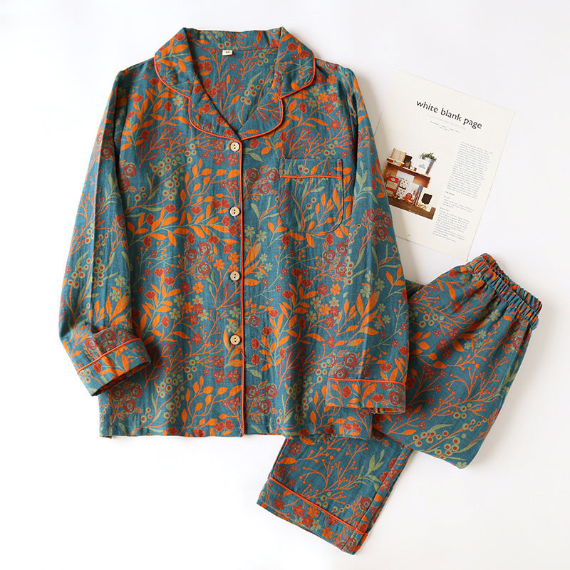 Cotton Yarn-dyed Jacquard Vintage Leaf Pajamas Suit Women