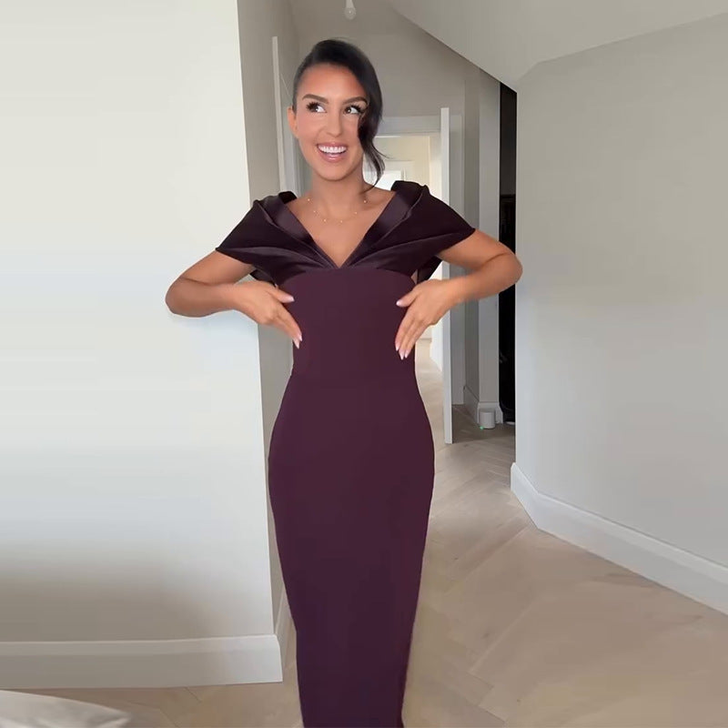 V-neck Slim-fit Waist Sheath Split Off-the-shoulder Dress