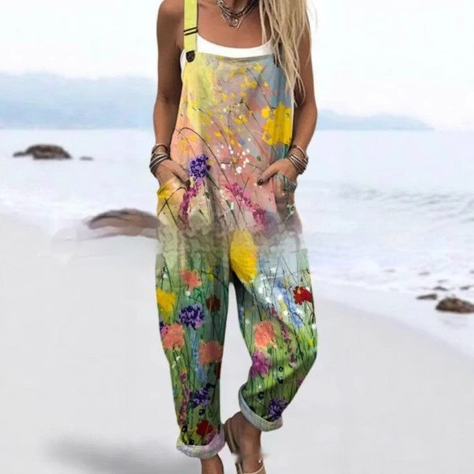 Women's Vintage Print Jumpsuit Loose Sleeveless Design Sexy