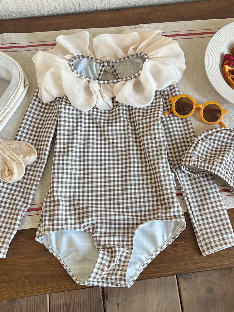 Long Sleeve One-piece Flower Collar Swimsuit For Girls