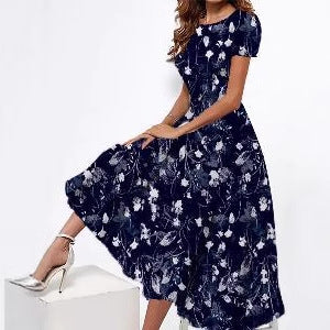 Casual Printed Women's Round Neck Short Sleeve Mid-length Dress