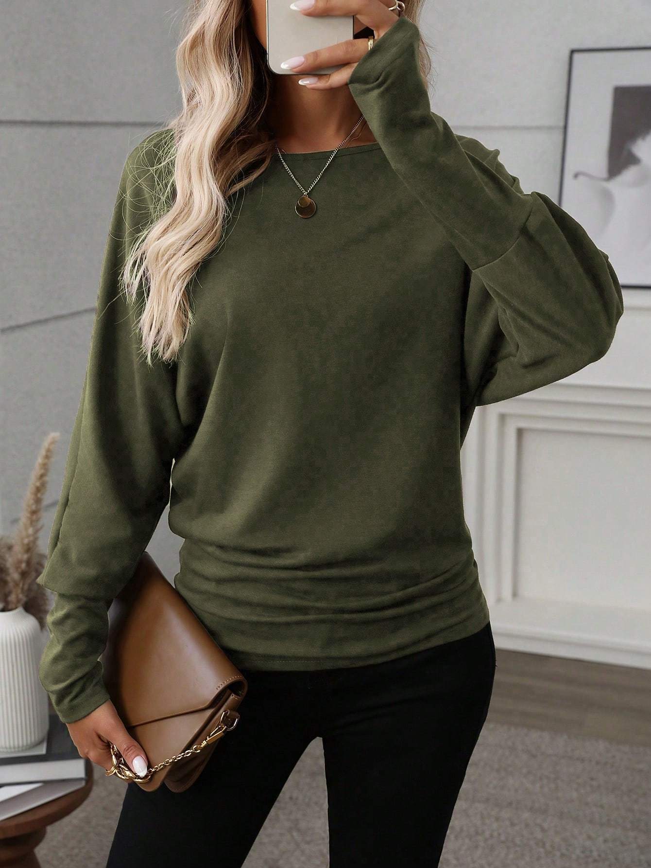 Women Solid Color Long Sleeve Minimalist Casual Top