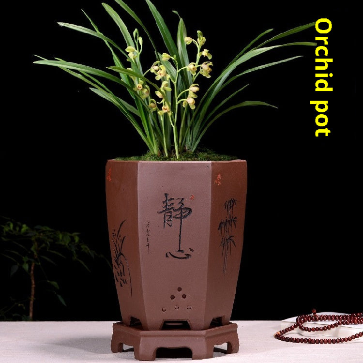 Fine Zisha Flowerpot Hand-carved Hexagonal