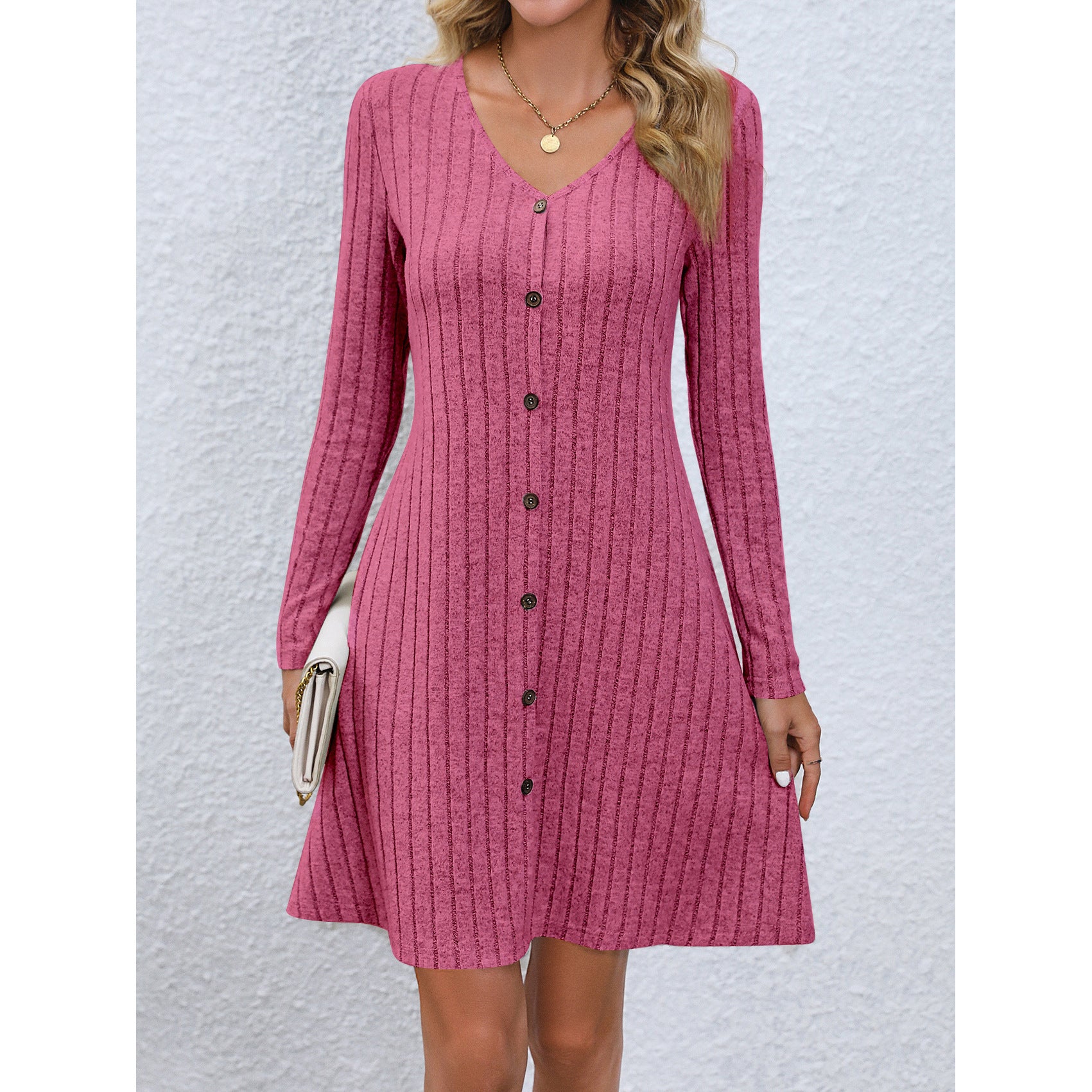 Women's Fashion Button Waist Long Sleeve Dress