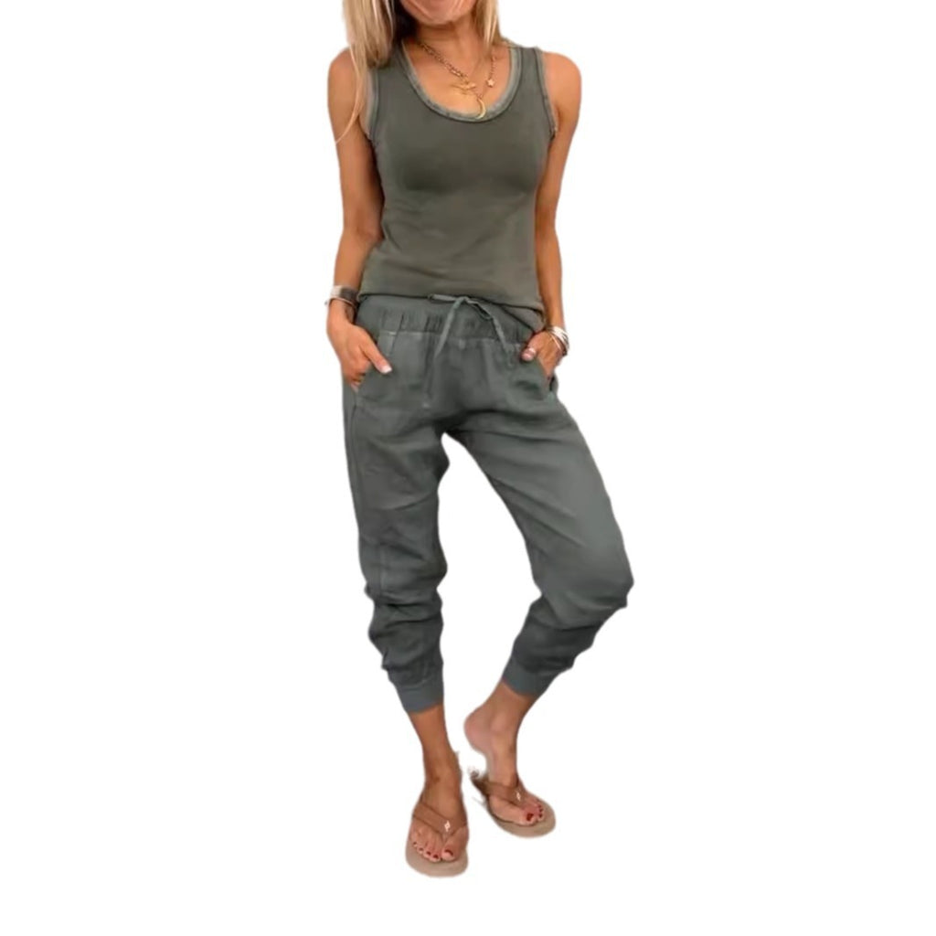 Cotton Linen Vest Drawstring Casual Pants Suit