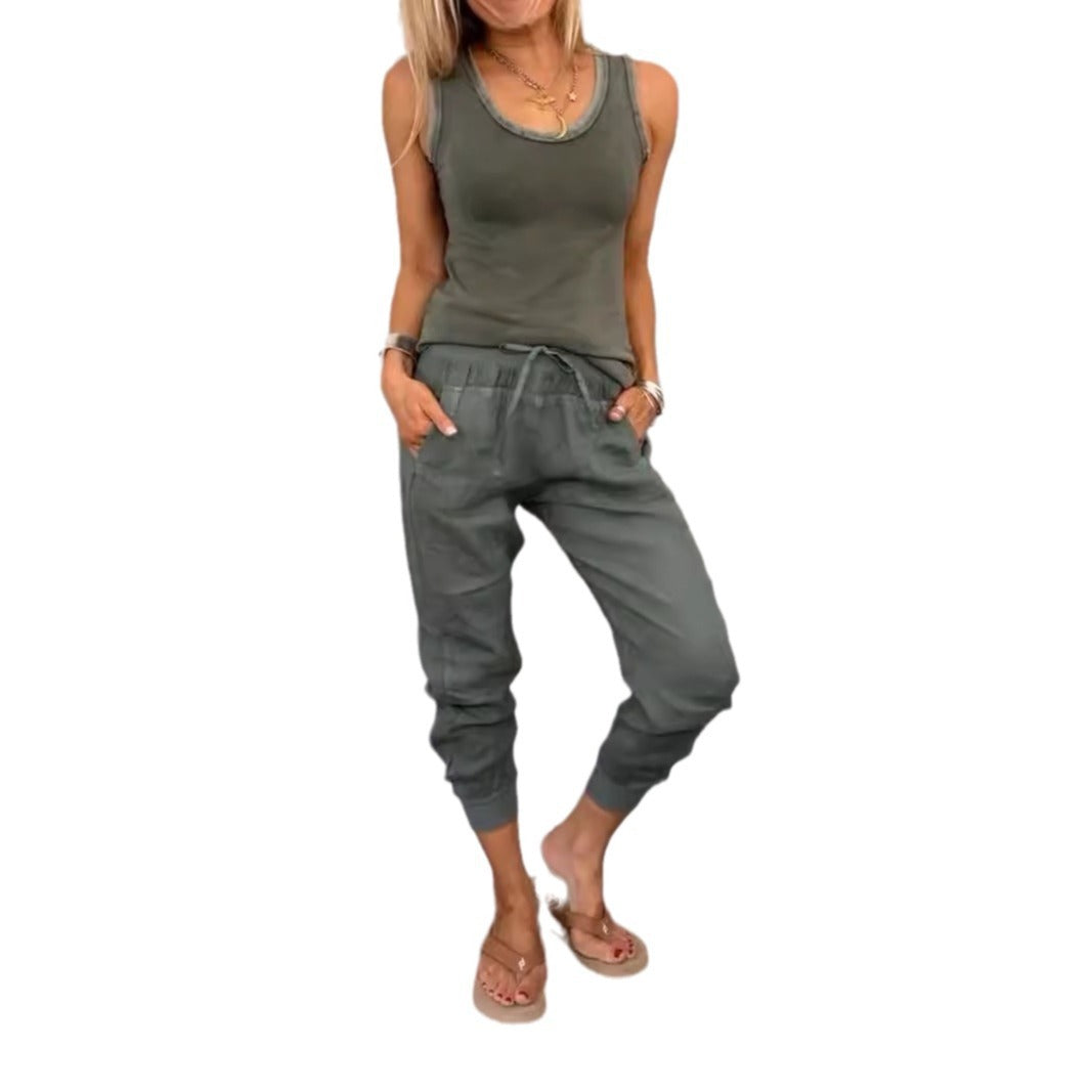 Cotton Linen Vest Drawstring Casual Pants Suit