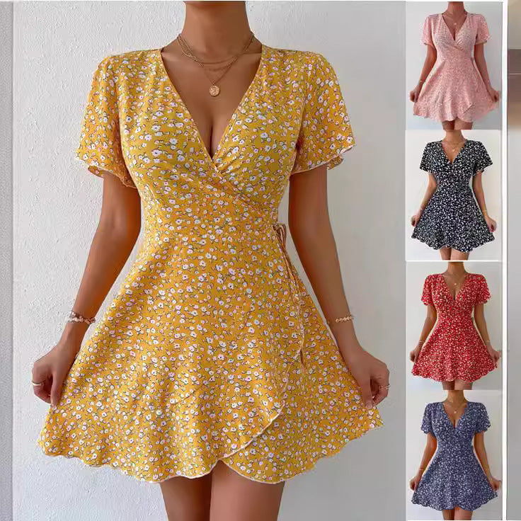 Floral Tie-neck Waist Trimming Short-sleeved V-neck Women's Clothing Dress