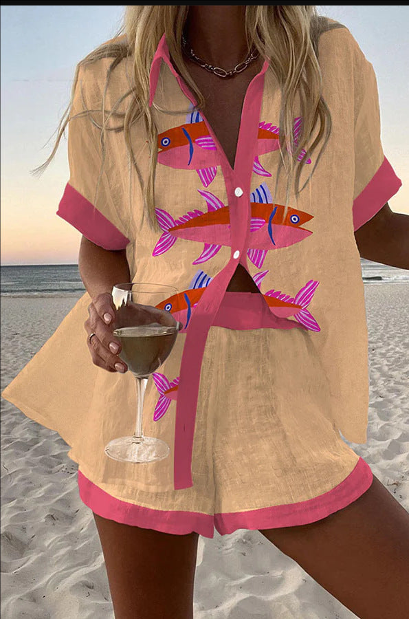 Women's Fashion Printed Casual Vacation Style Cardigan Shorts Suit