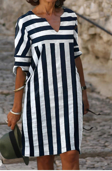 Striped Round Neck Loose Stitching Dress