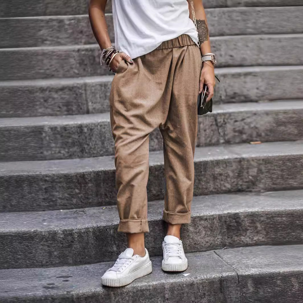 Women's Casual Pants With Pockets Elastic High Waist Harem Trousers Fashion Streetwear Clothing