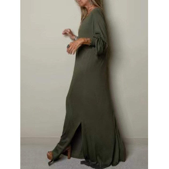 Cross-border Amazon Hot Sale Ladies Casual Robe Plain Long Sleeve Split Dress