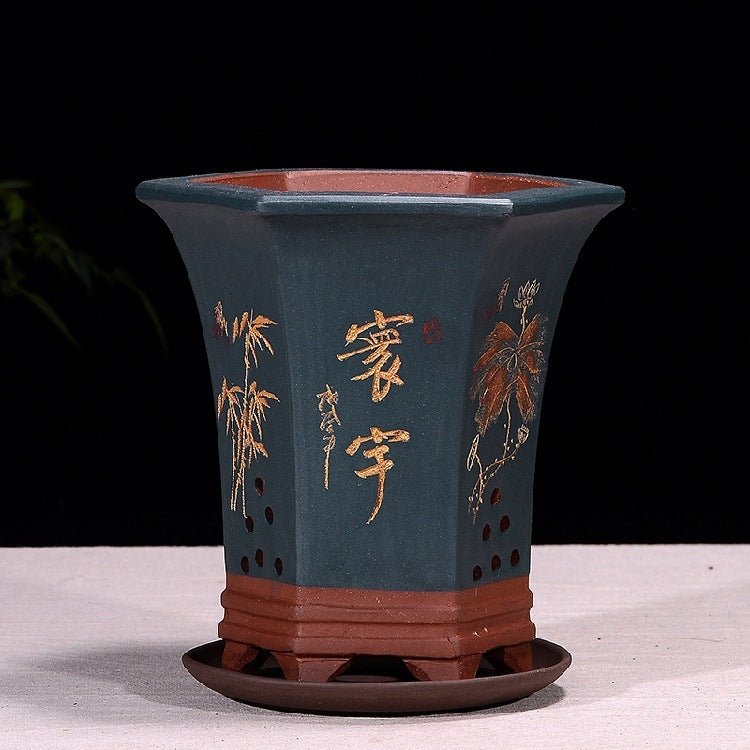 Fine Zisha Flowerpot Hand-carved Hexagonal