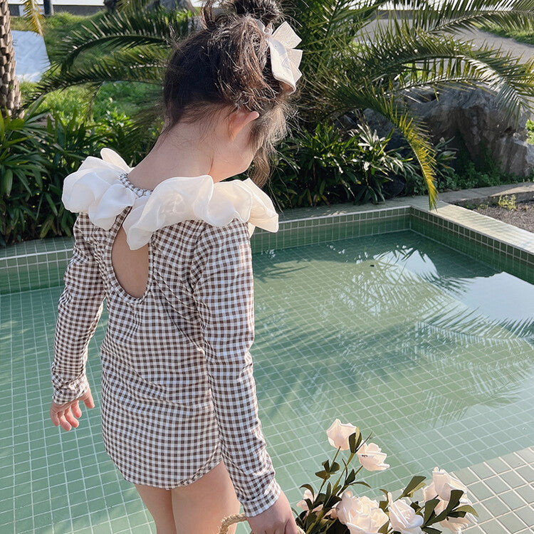 Long Sleeve One-piece Flower Collar Swimsuit For Girls