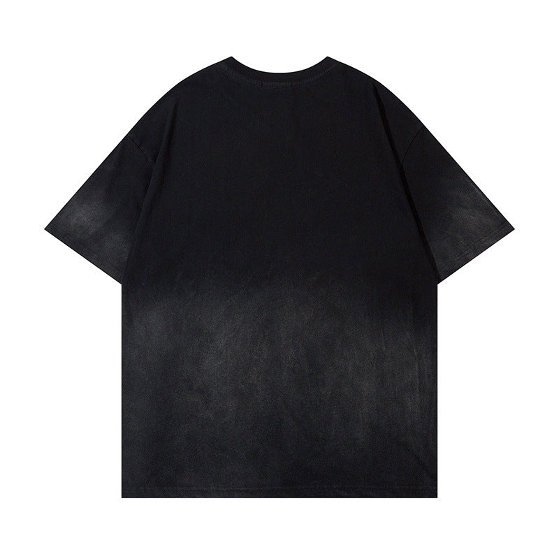 American Retro Hip Hop Washed Old Big Letter Graffiti Short Sleeve Men's Clothing