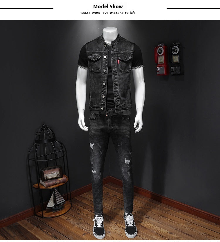 Harley Motorcycle Men's Uniform Black Stand-up Collar Plus Size Denim Vest