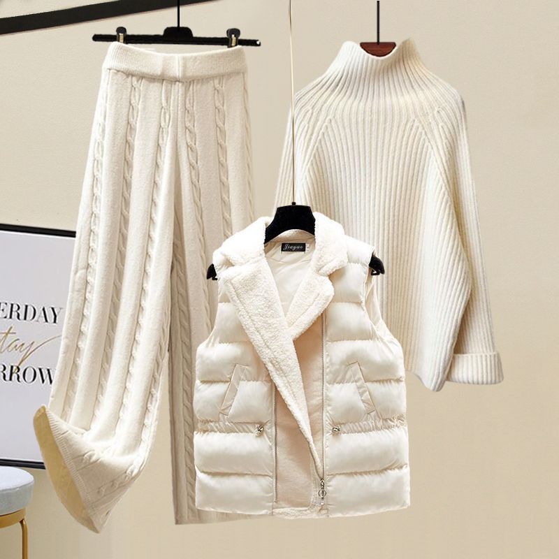 Cotton Vest Idle Style Knitted Sweater Wide Leg Pants Three-piece Set