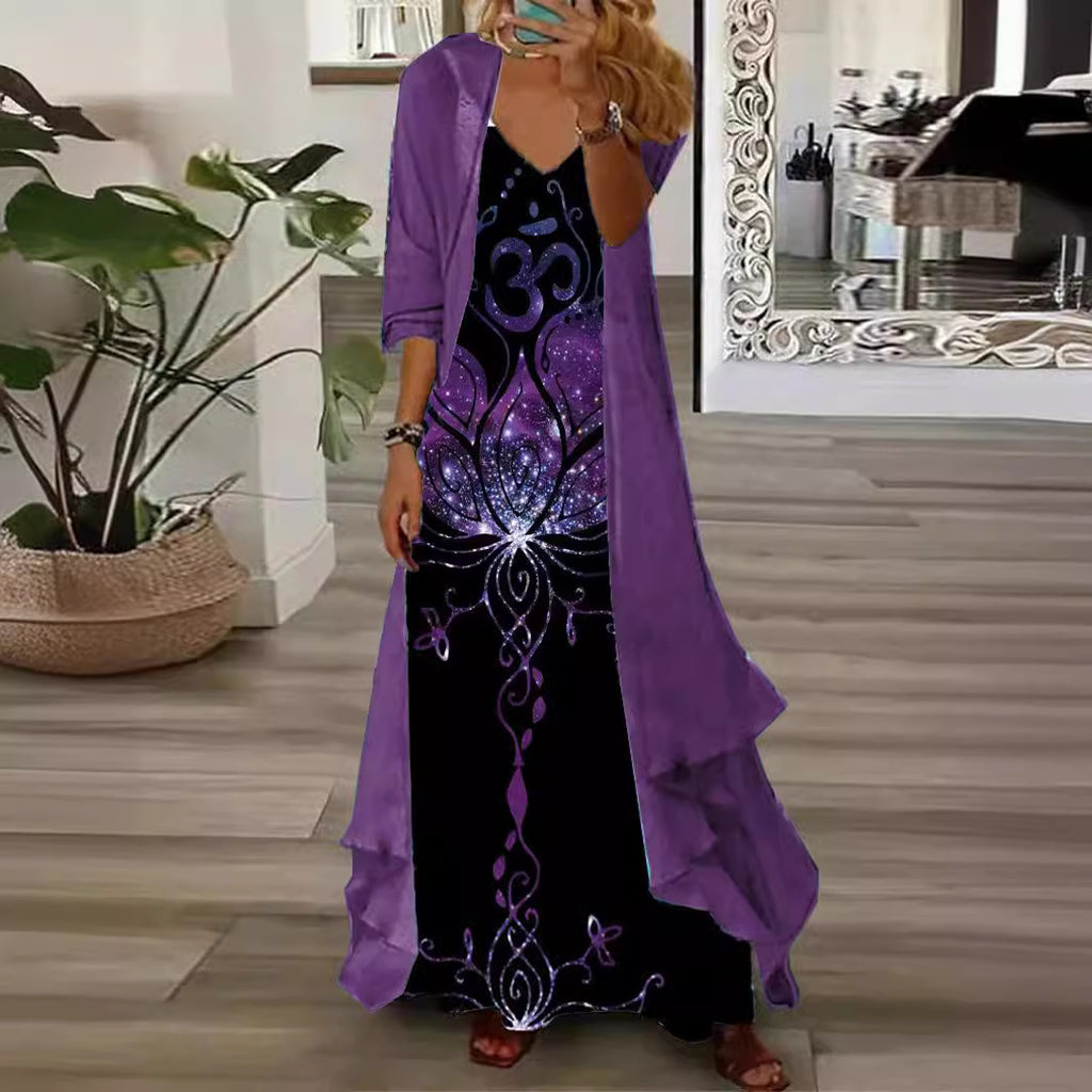 Two Piece Set Of Half Sleeved Printed Casual Retro Sexy Dress