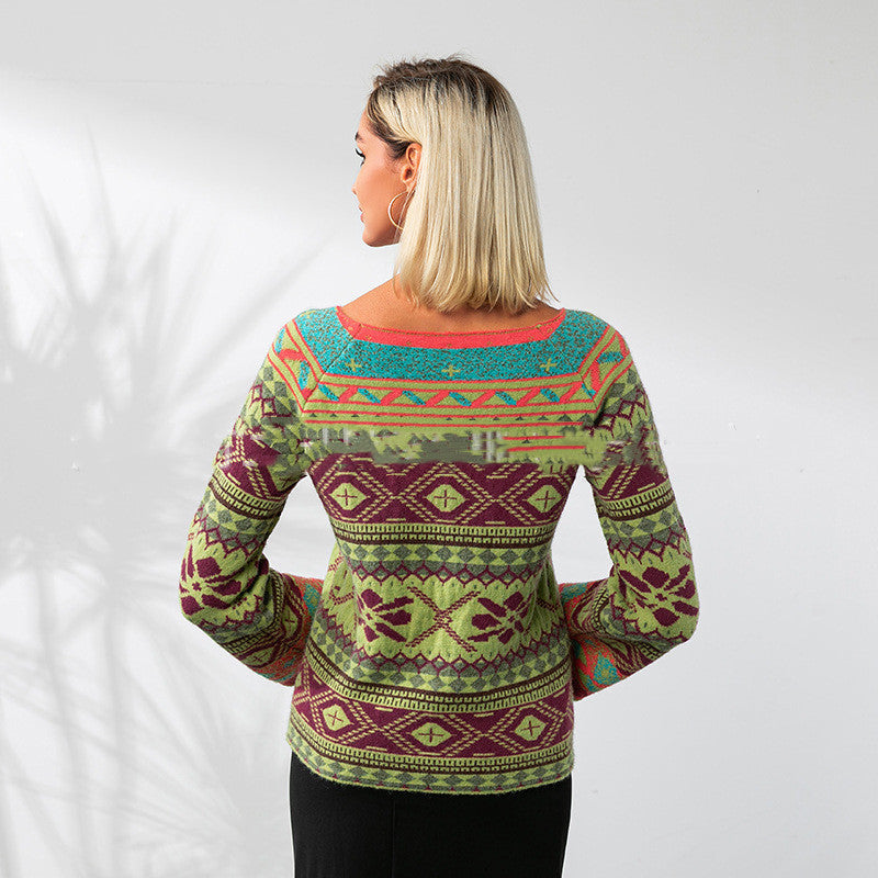 Flared Sleeve Ethnic Pattern Sweater