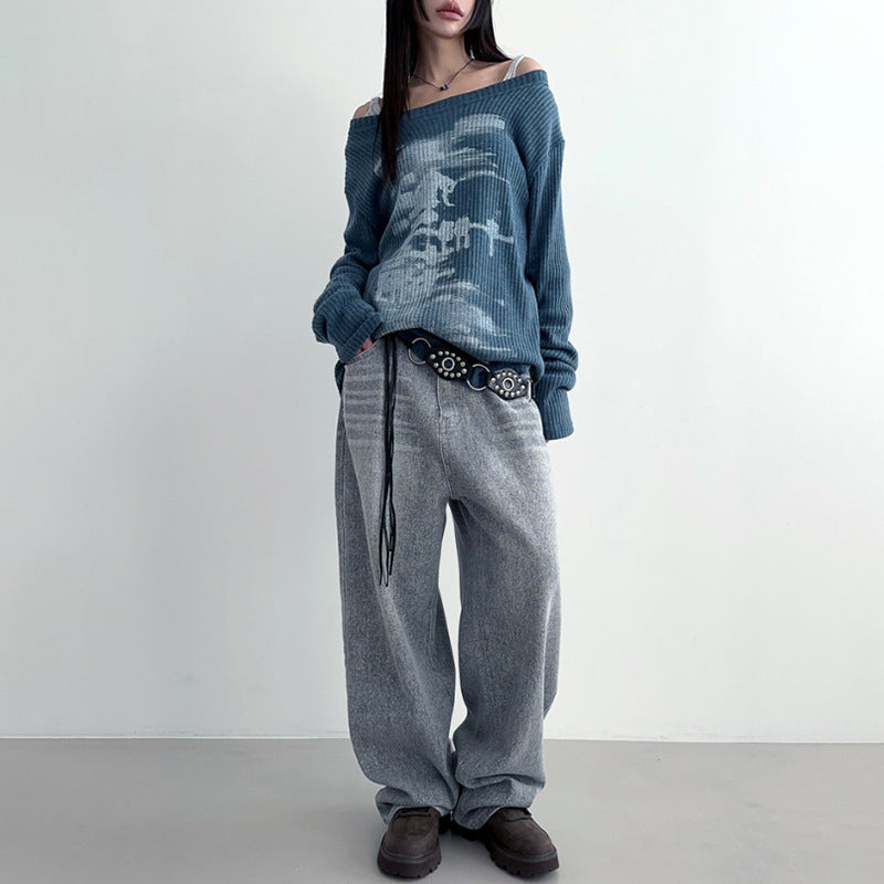 Personalized Distressed Print Diagonal Collar Loose Long-sleeve Women's Top