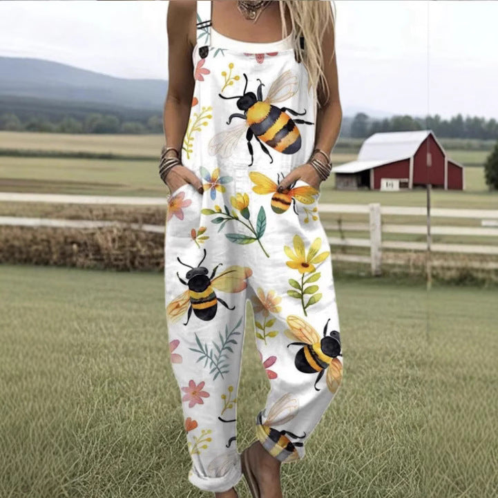 Digital 3D Printing Button Casual Suspender Trousers