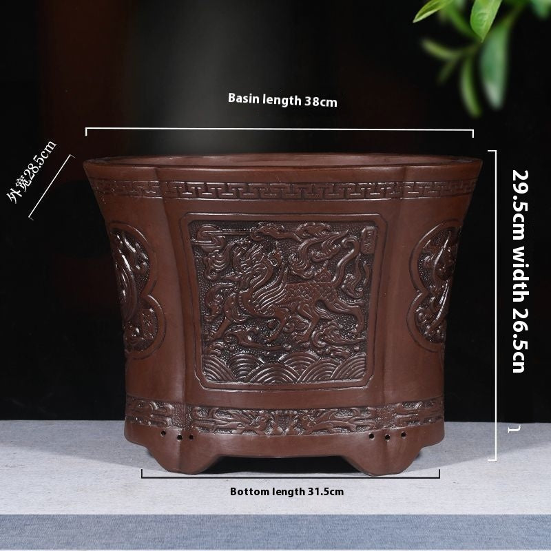 Banyan Flower Pot Purple Sand Relief Pachira Macrocarpa Welcome Pine Happiness Tree Ganoderma Old Pile Extra Large Ceramic Landscape Basin