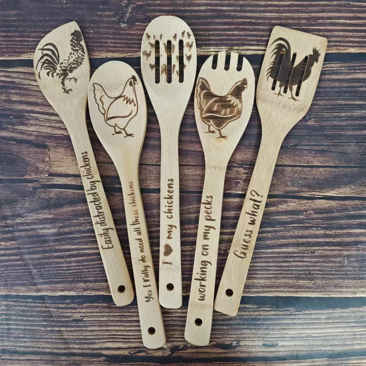 Bamboo Shovel Laser Engraving Pattern Halloween Christmas Bamboo Shovel Cooking Suit Five-piece Set