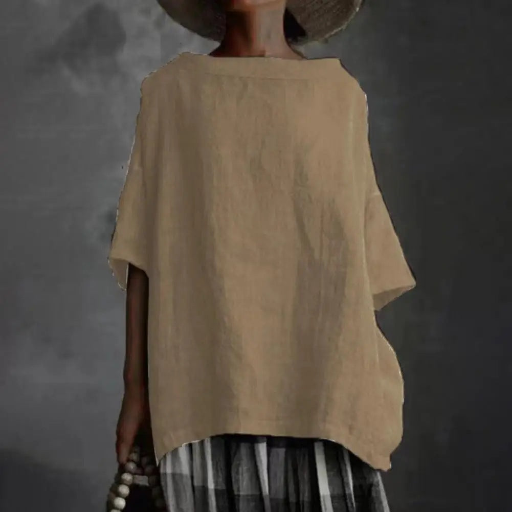 New Cotton And Linen Style Solid Color Loose Women's Wear T-Shirt