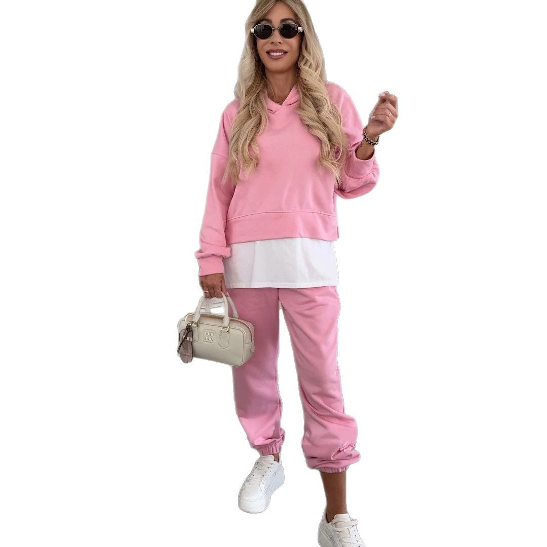 Spring And Autumn Women's Hooded Fashion Solid Color Casual Suit