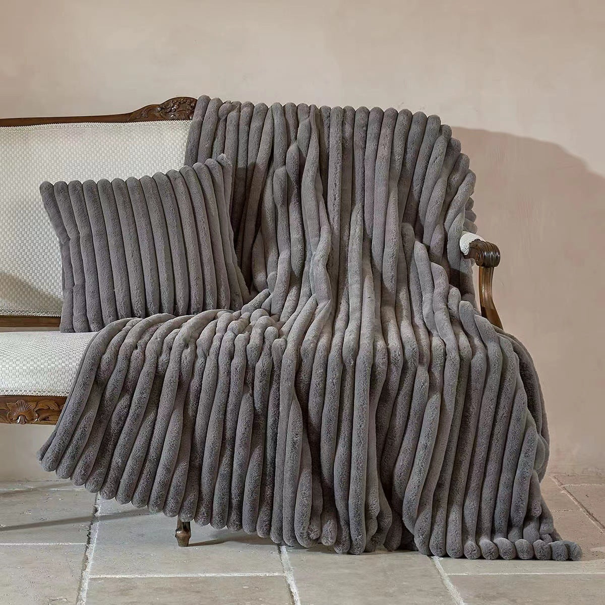 Striped Jacquard Rabbit Fur Blanket