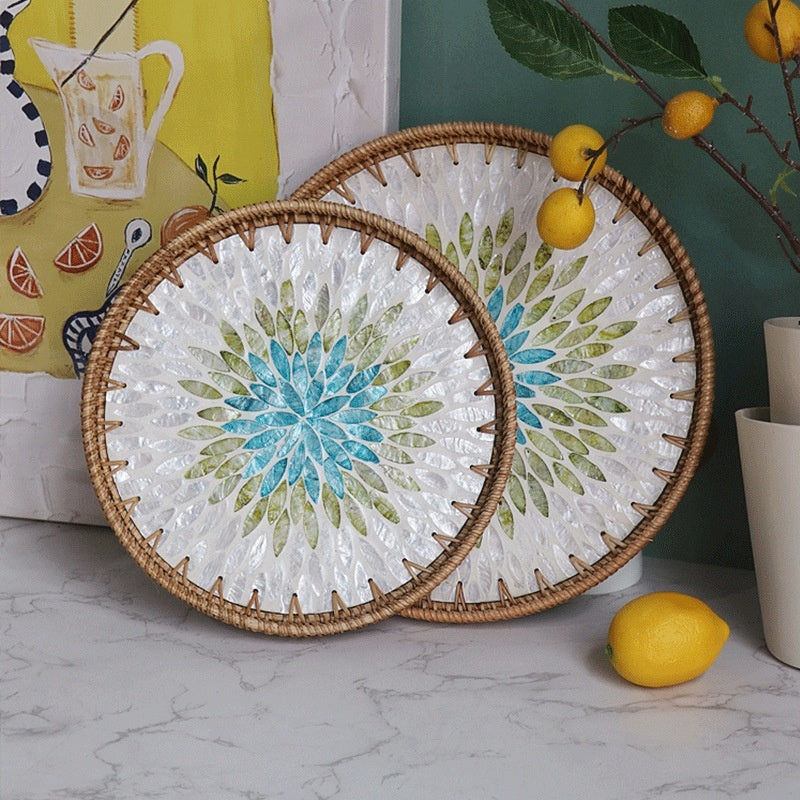 Southeast Asia Handmade Rattan Shell Round Fruit Basket Dining Tray Fresh Desktop Tray Vietnam