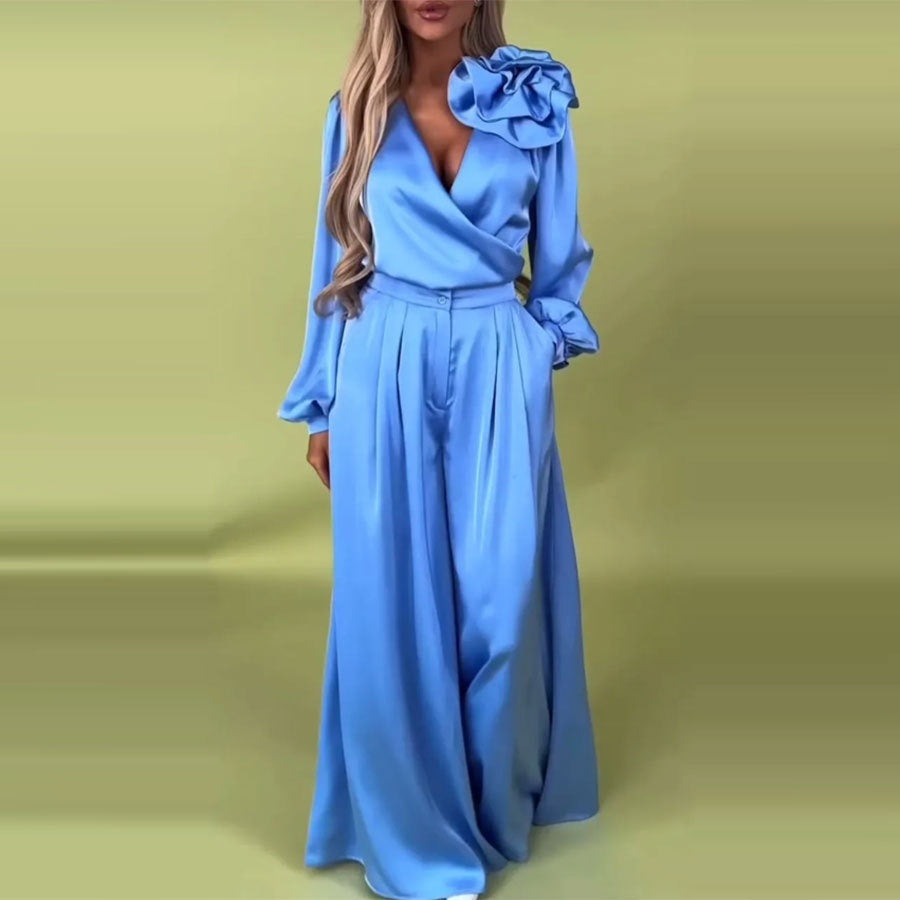 Women's Luxury Elegant V-neck Satin Long Sleeve Top Wide Leg Pants Suit
