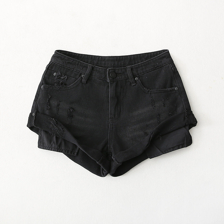 Flanging Low Waist One Button Casual Denim Shorts