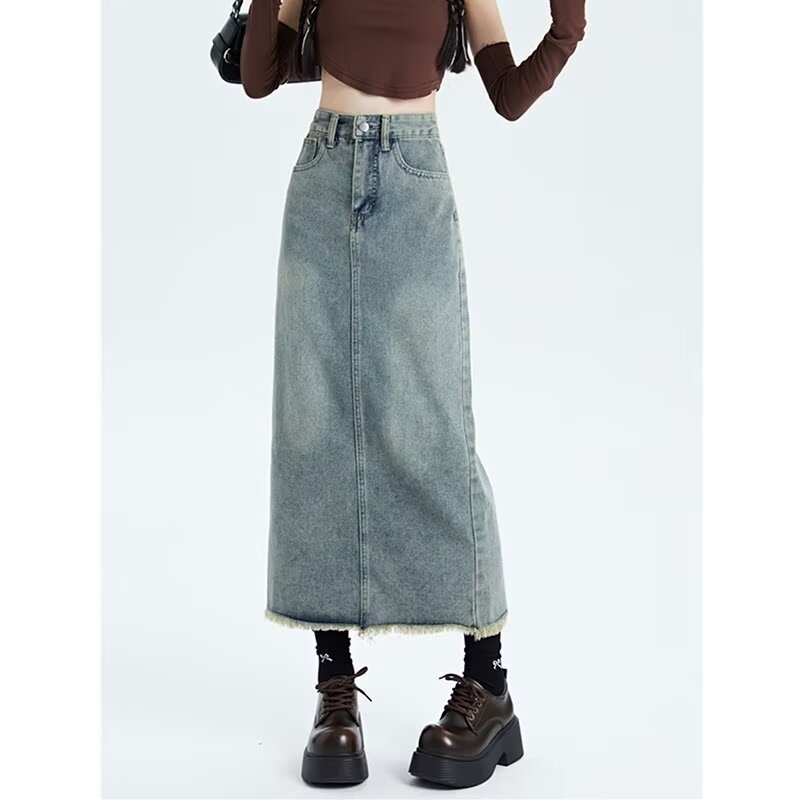 Retro Women's High Waist Denim Skirt Women's Mid-length Versatile Hem Tassel Hip Skirt