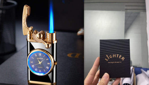 New Lighter With Electric Watch Rocker Arm Automatic Ignition Straight Blue Flame Lighter Creative Real Dial Inflatable Windproof Lighter Men's Watch Gift