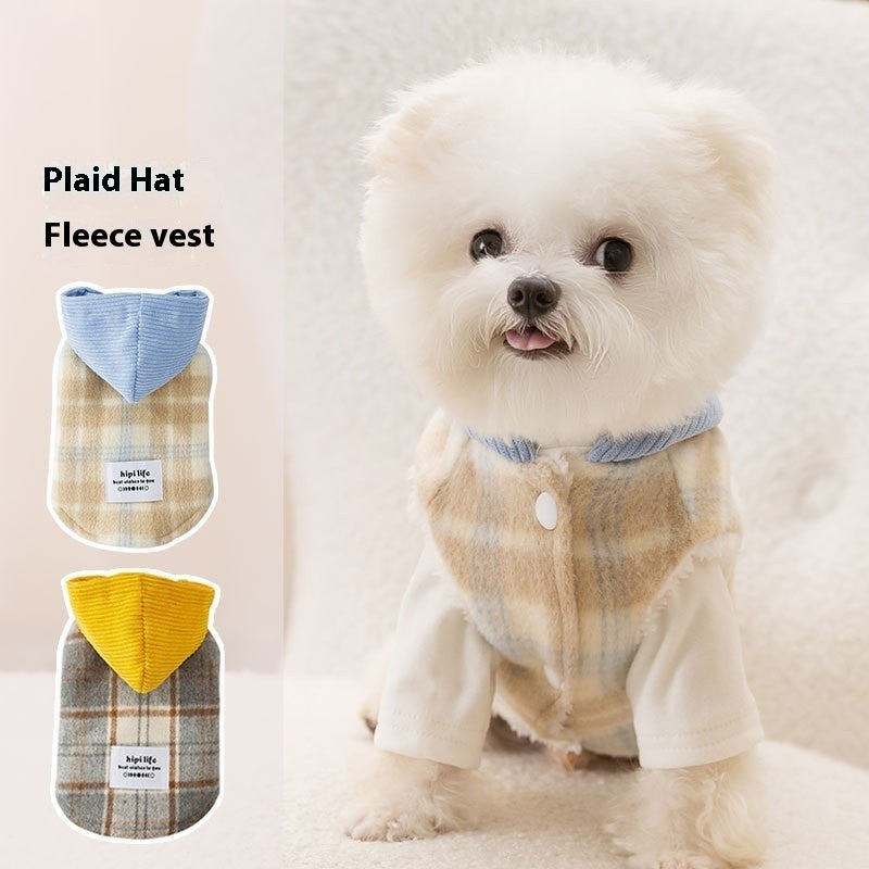 Chessboard Grid Hooded Traction Vest Autumn And Winter Pet