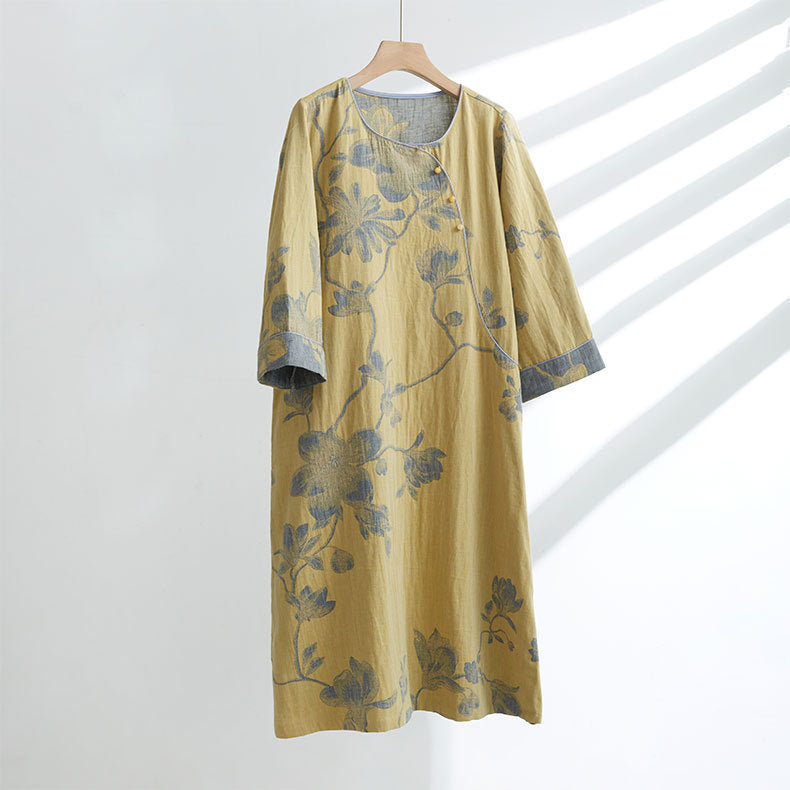 Women's Cotton Ancient Chinese Style Diagonal Double-layer Gauze Jacquard Long-sleeved Home Nightdress