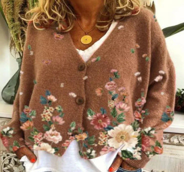 Women's Cardigan Sweater Artistic Retro Printing Colorful Flora