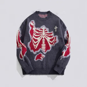 Personality Street Trend Dark Style Skeleton Jacquard Round Neck Pullover Knitted Sweater